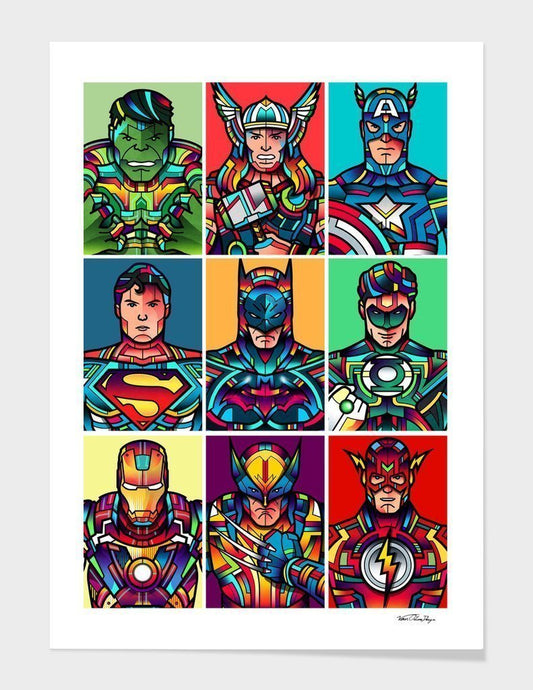 Colorful superhero portraits arranged in a grid on a white background