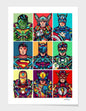 Colorful superhero portraits arranged in a grid on a white background