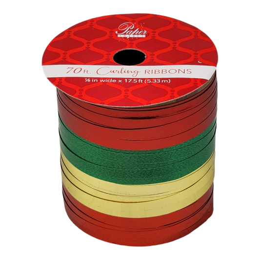 1/8 Inch Curling Ribbon - 4 Colors - 17.5 Feet Each - Red/Green/Gold