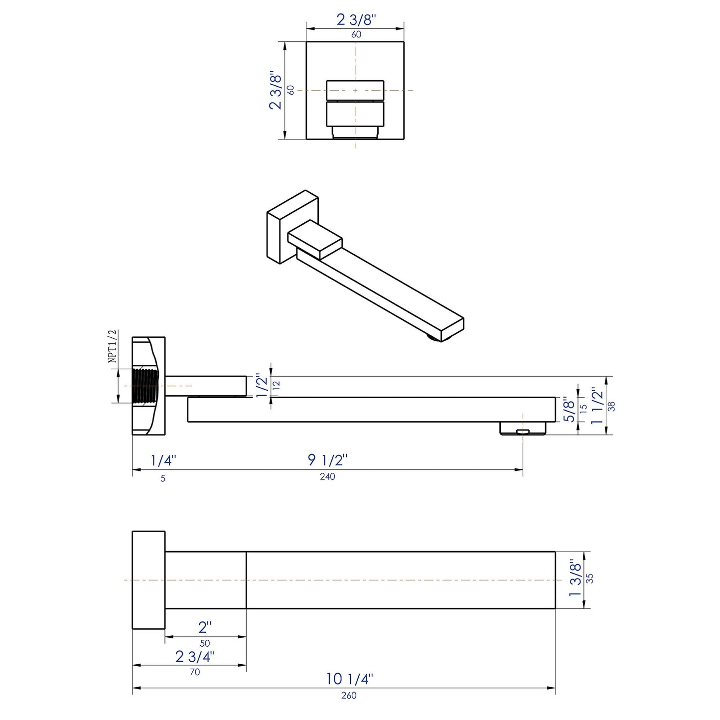 ALFI brand AB7701 Square Foldable Tub Spout