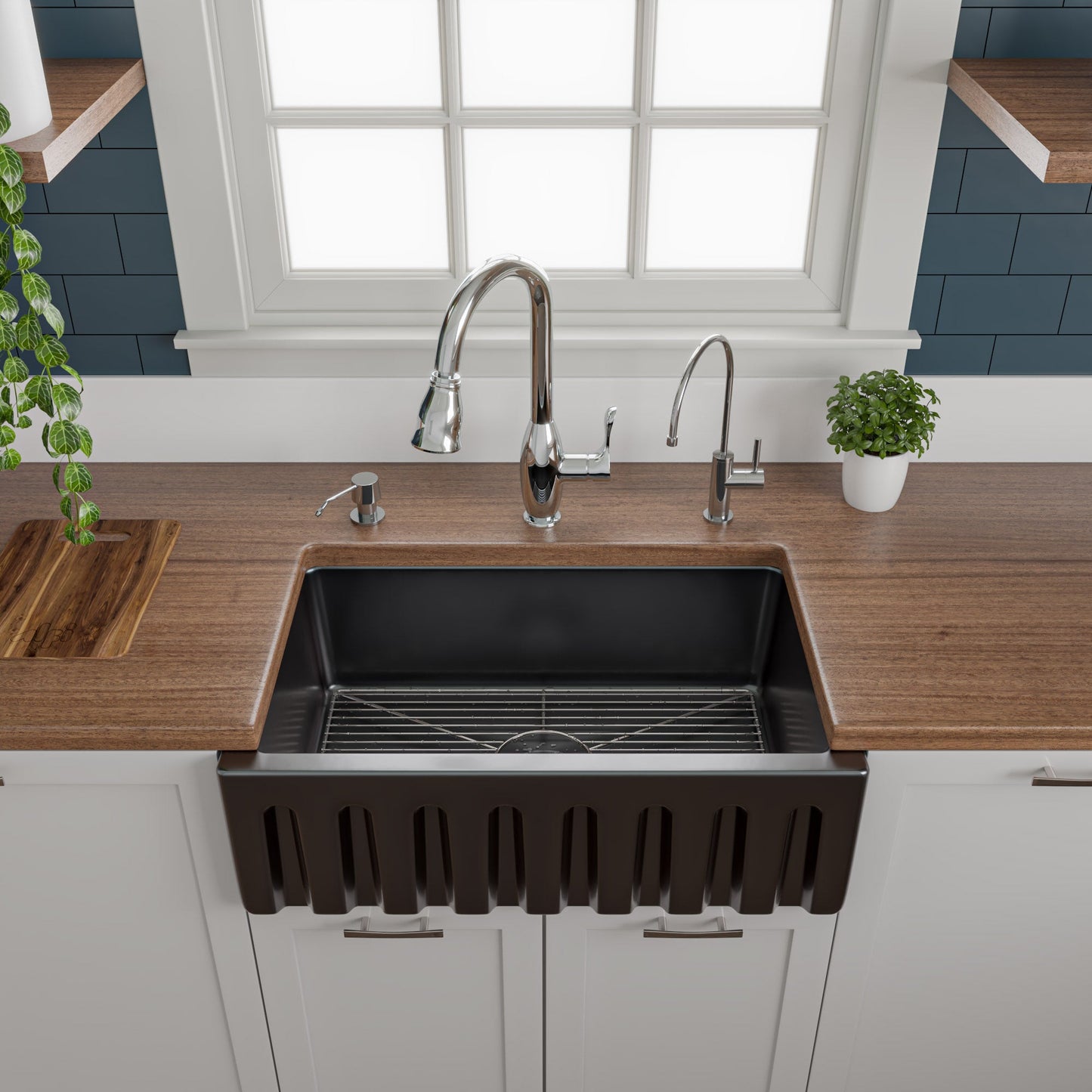 ALFI brand AB3018HS Reversible Smooth / Fluted Single Bowl Fireclay Farm Sink