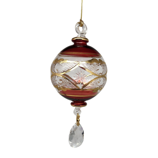 Etched Blown Glass Ball with Crystal Dangle - Red