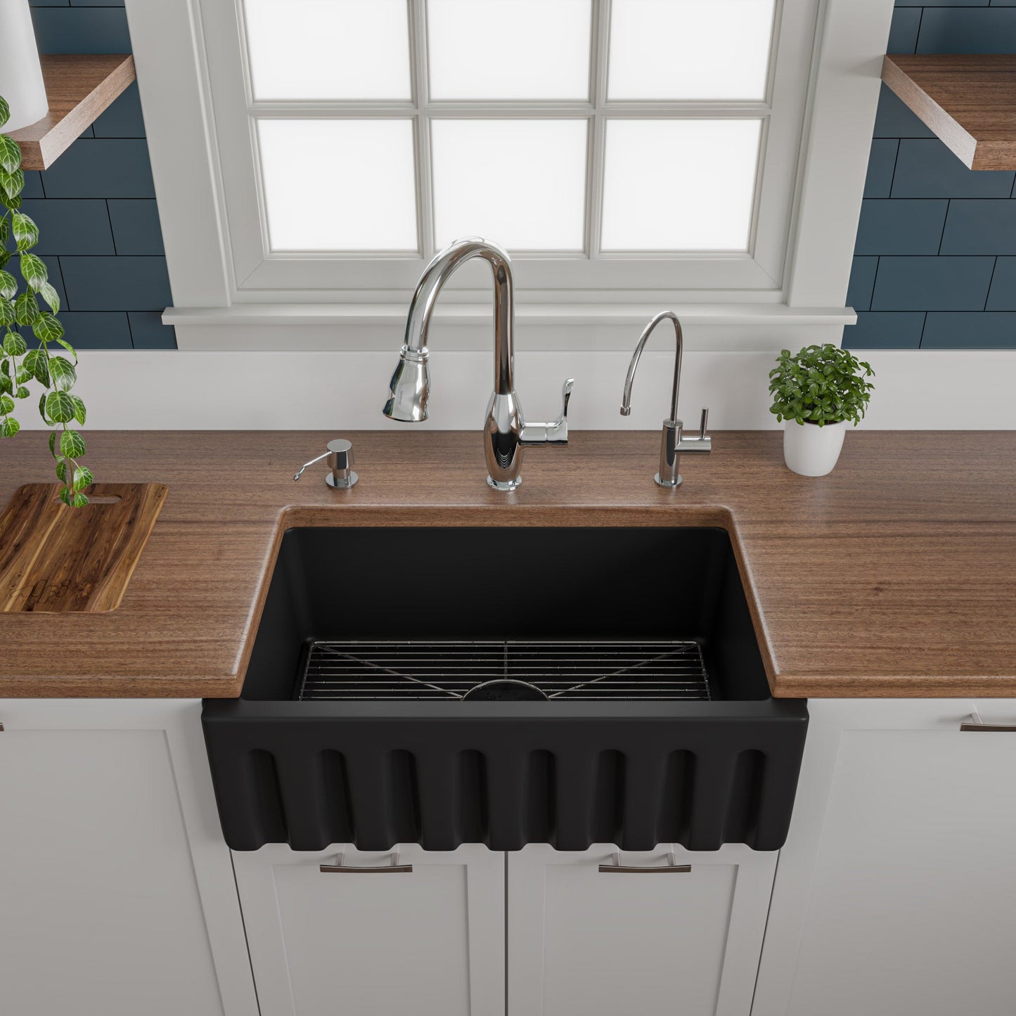 ALFI brand AB3018HS Reversible Smooth / Fluted Single Bowl Fireclay Farm Sink
