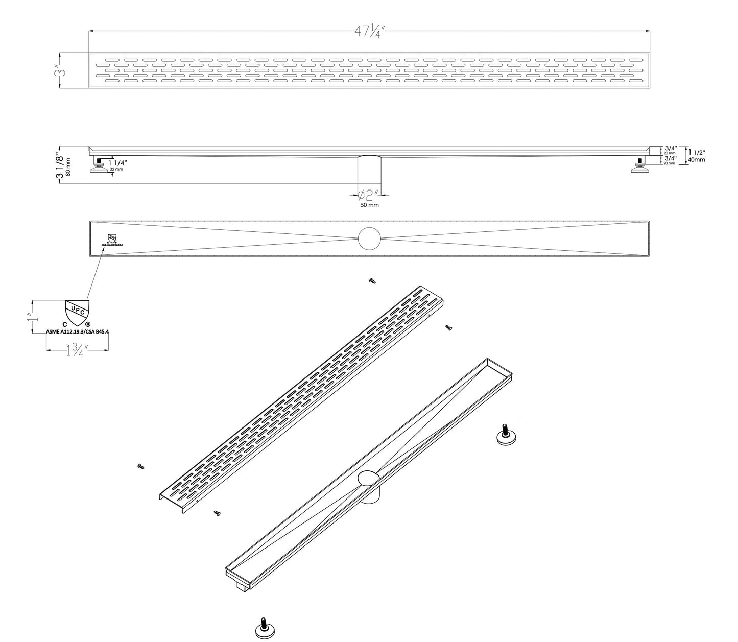 ALFI brand ABLD47C Linear Shower Drain with Groove Holes