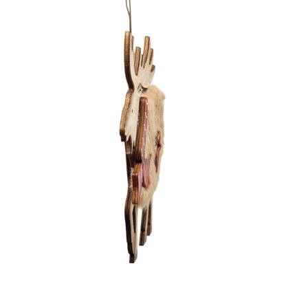 Fuzzy Wooden Reindeer Ornament - Looking Left
