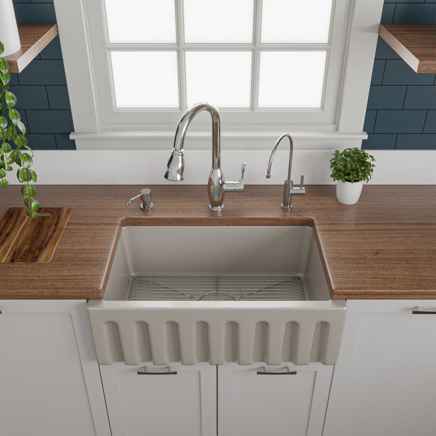 ALFI brand AB3018HS Reversible Smooth / Fluted Single Bowl Fireclay Farm Sink