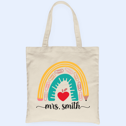 Teacher Appreciation Boho Pencil Rainbow - Personalized Custom Tote Bag - Birthday, Loving, Funny Gift for Teacher, Kindergarten, Preschool, Pre K, Paraprofessional, Educator