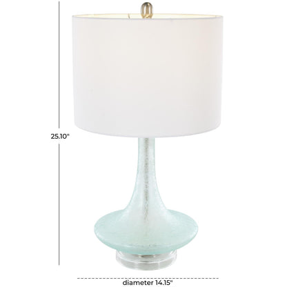 Teal Glass Table Lamp with White Drum Shade & Silver Base