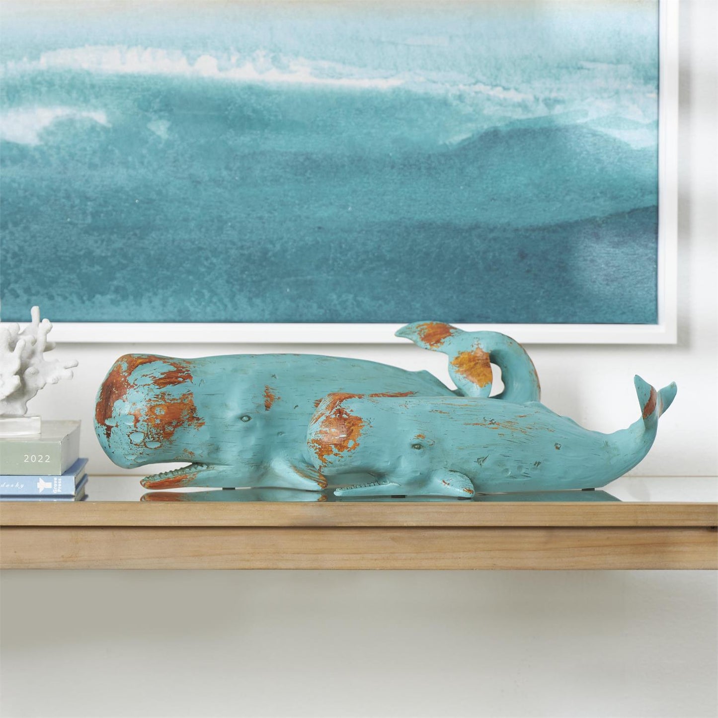 Teal Polystone Whale Distressed Decorative Sculpture with Brown Wood-Inspired Accents
