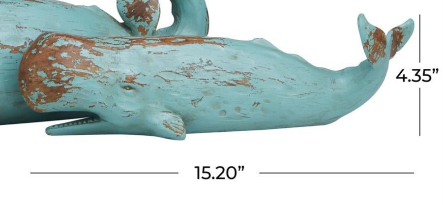 Teal Polystone Whale Distressed Decorative Sculpture with Brown Wood-Inspired Accents