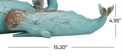 Teal Polystone Whale Distressed Decorative Sculpture with Brown Wood-Inspired Accents