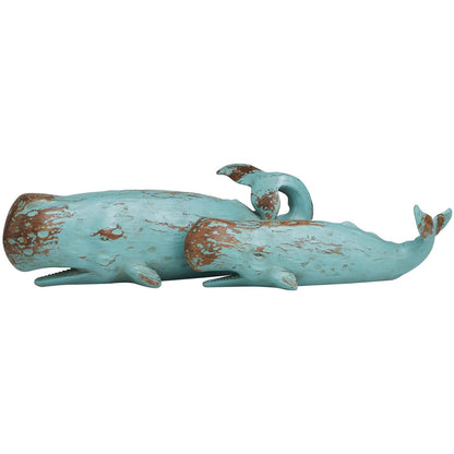Teal Polystone Whale Distressed Decorative Sculpture with Brown Wood-Inspired Accents