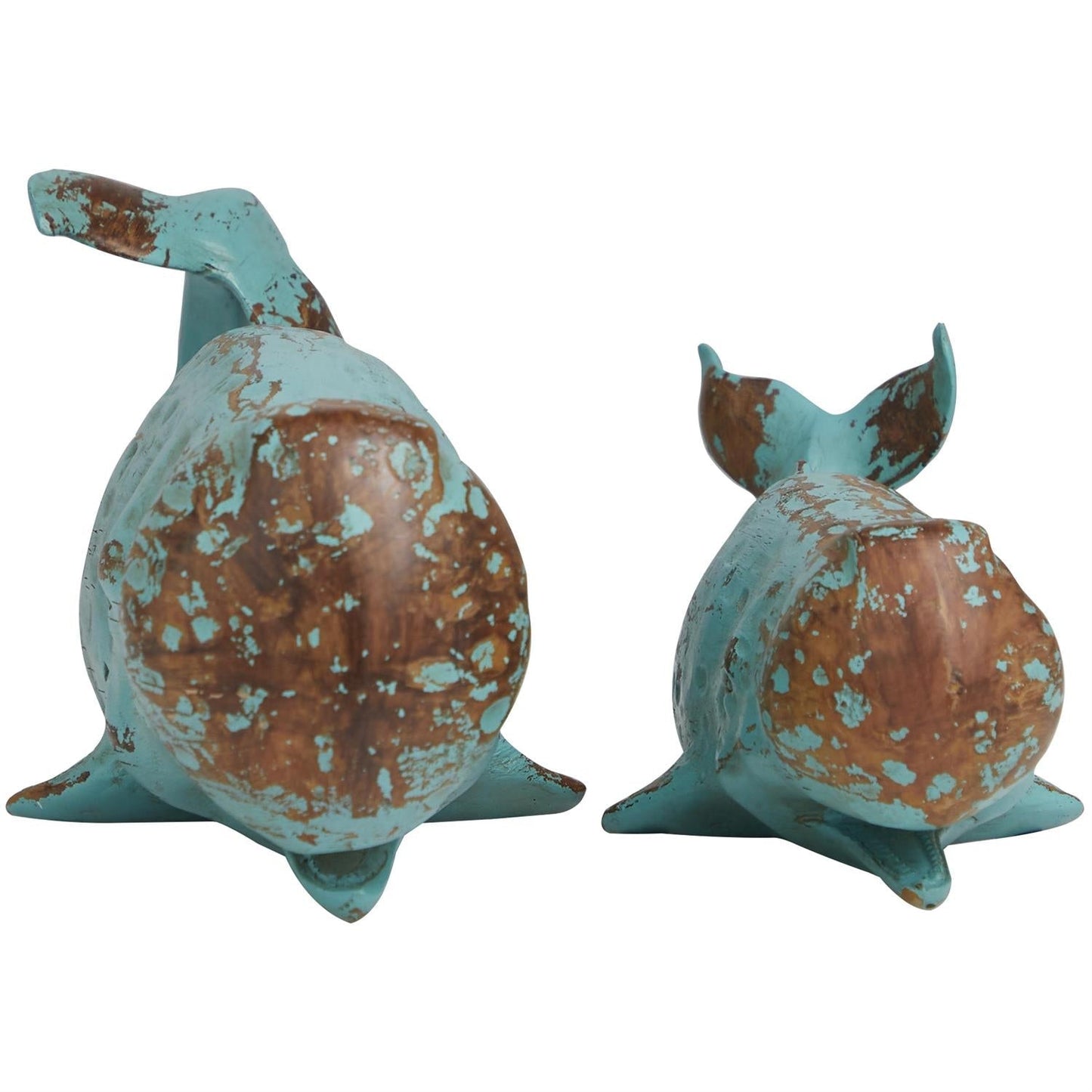 Teal Polystone Whale Distressed Decorative Sculpture with Brown Wood-Inspired Accents