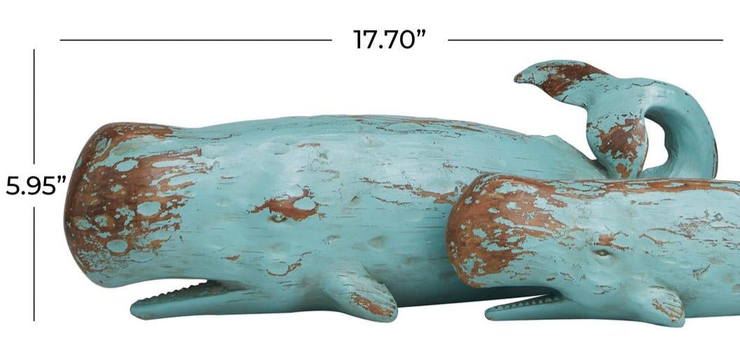 Teal Polystone Whale Distressed Decorative Sculpture with Brown Wood-Inspired Accents
