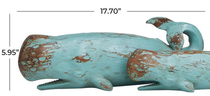 Teal Polystone Whale Distressed Decorative Sculpture with Brown Wood-Inspired Accents