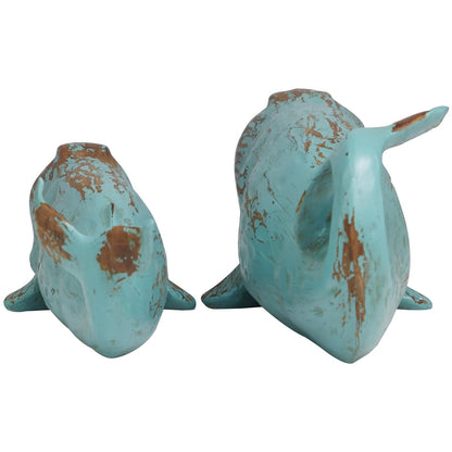 Teal Polystone Whale Distressed Decorative Sculpture with Brown Wood-Inspired Accents