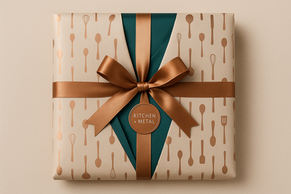 Teal wrap dress wrapped in Kitchen + Metal branded wrapping paper