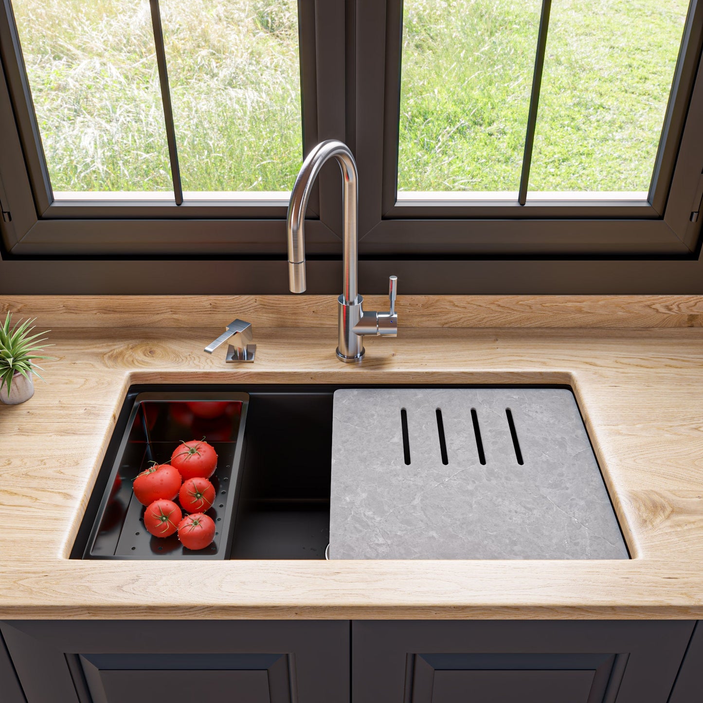 ALFI brand AB3418SBUM 33" Granite Composite Workstation Step Rim Single Bowl Undermount Sink with Accessories