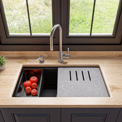 ALFI brand AB3418SBUM 33" Granite Composite Workstation Step Rim Single Bowl Undermount Sink with Accessories