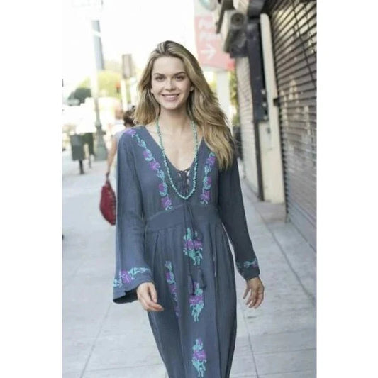 Thea Embroidered Maxi Dress - Grey/Turquoise