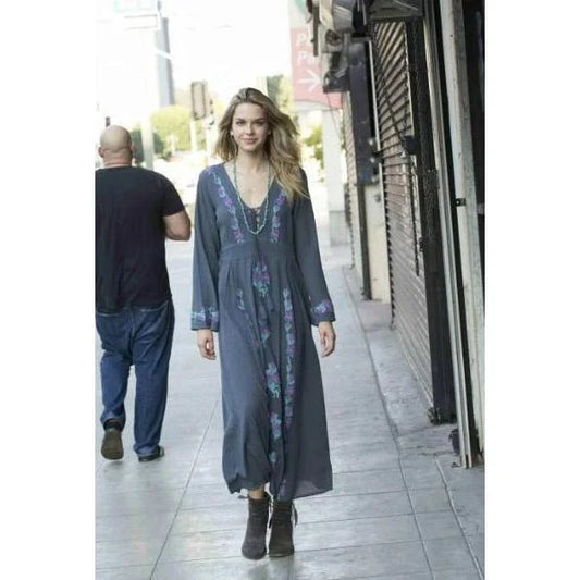 Thea Embroidered Maxi Dress - Grey/Turquoise