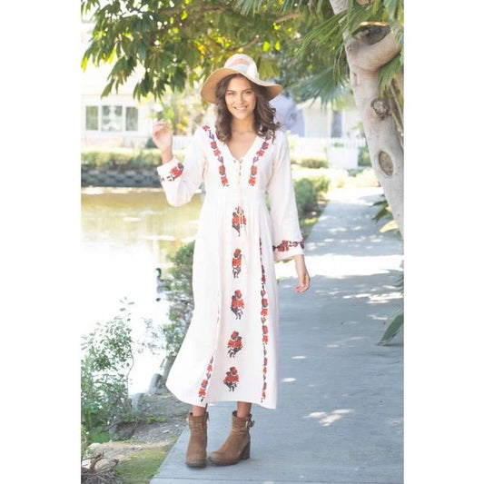 Thea Embroidered Maxi Dress - Natural/Brown