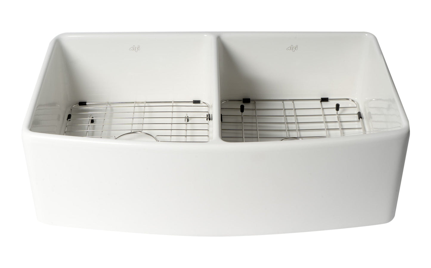 ALFI brand ABFC3320D ABFC3320D-W White Smooth Curved Apron 33" x 20" Double Bowl Fireclay Farm Sink with Grid