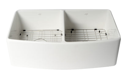 ALFI brand ABFC3320D ABFC3320D-W White Smooth Curved Apron 33" x 20" Double Bowl Fireclay Farm Sink with Grid