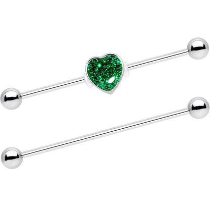 14G Green Glitter Heart Industrial Barbell 38mm Set of 2