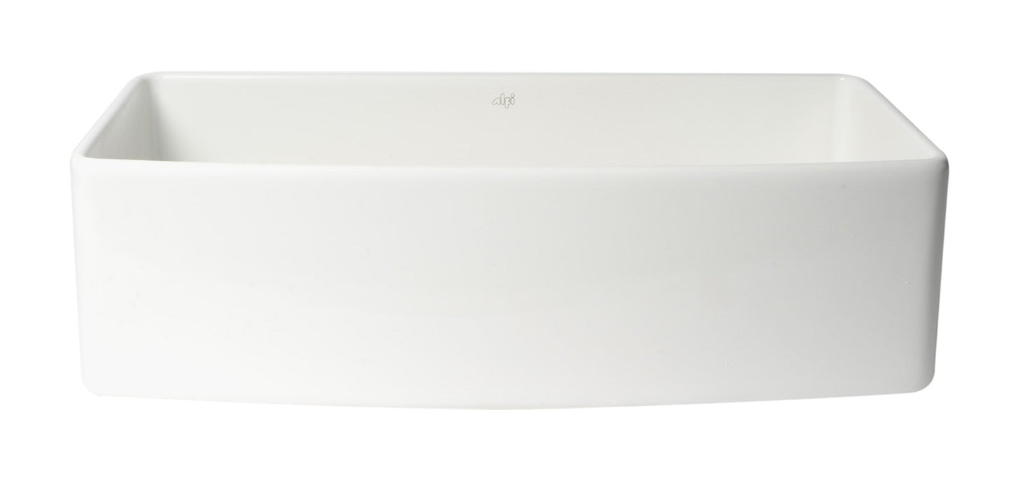 ALFI brand ABFC3620S ABFC3620S-W White Smooth Curved Apron 36" x 20" Single Bowl Fireclay Farm Sink with Grid