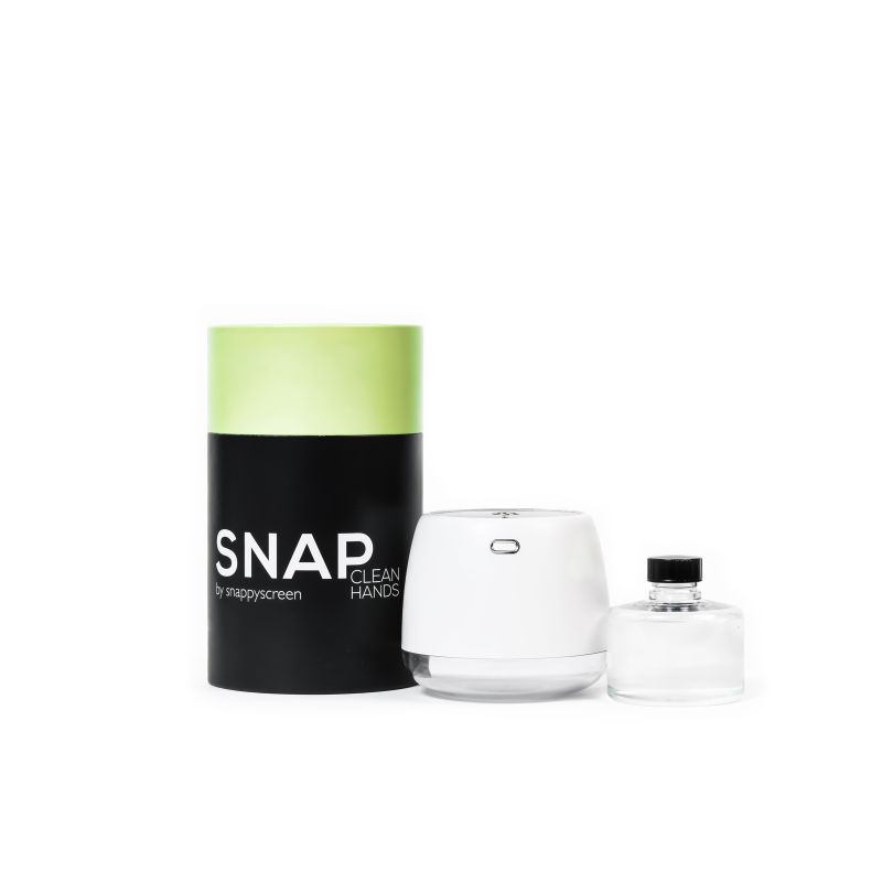 Snap hand sanitizer with black and green packaging on a white background