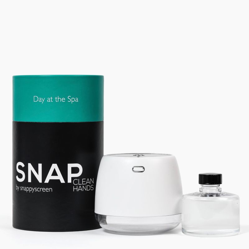 SNAP hand sanitizer set with black and teal container on a white background