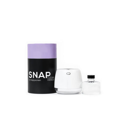 Snap hand sanitizer with black and purple container on a white background