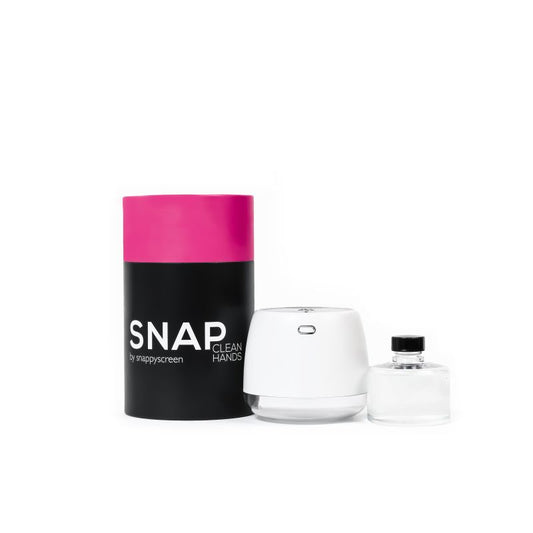 Snap hand sanitizer with pink cap and black container on a white background