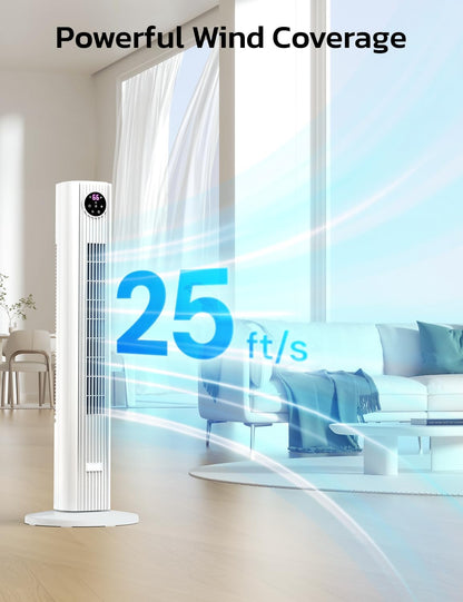 Tower Fan for Bedroom, 90° Oscillating Fan with 12H Timer, 37”Standing Fans with Remote, Bladeless Fan with 4 Modes & 3 Speeds