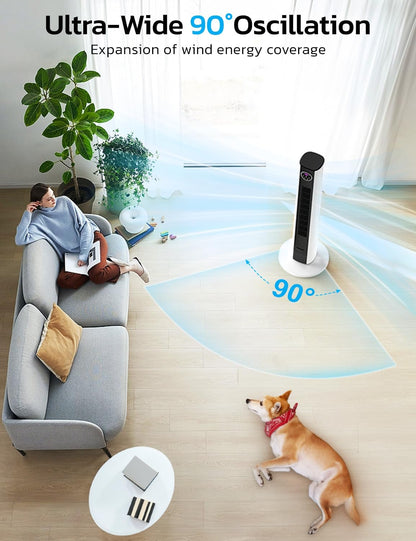 Tower Fan for Bedroom, 90° Oscillating Fan with 12H Timer, 37”Standing Fans with Remote, Bladeless Fan with 4 Modes & 3 Speeds