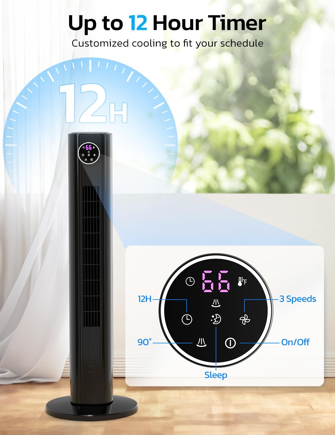 Tower Fan for Bedroom, 90° Oscillating Fan with 12H Timer, 37”Standing Fans with Remote, Bladeless Fan with 4 Modes & 3 Speeds