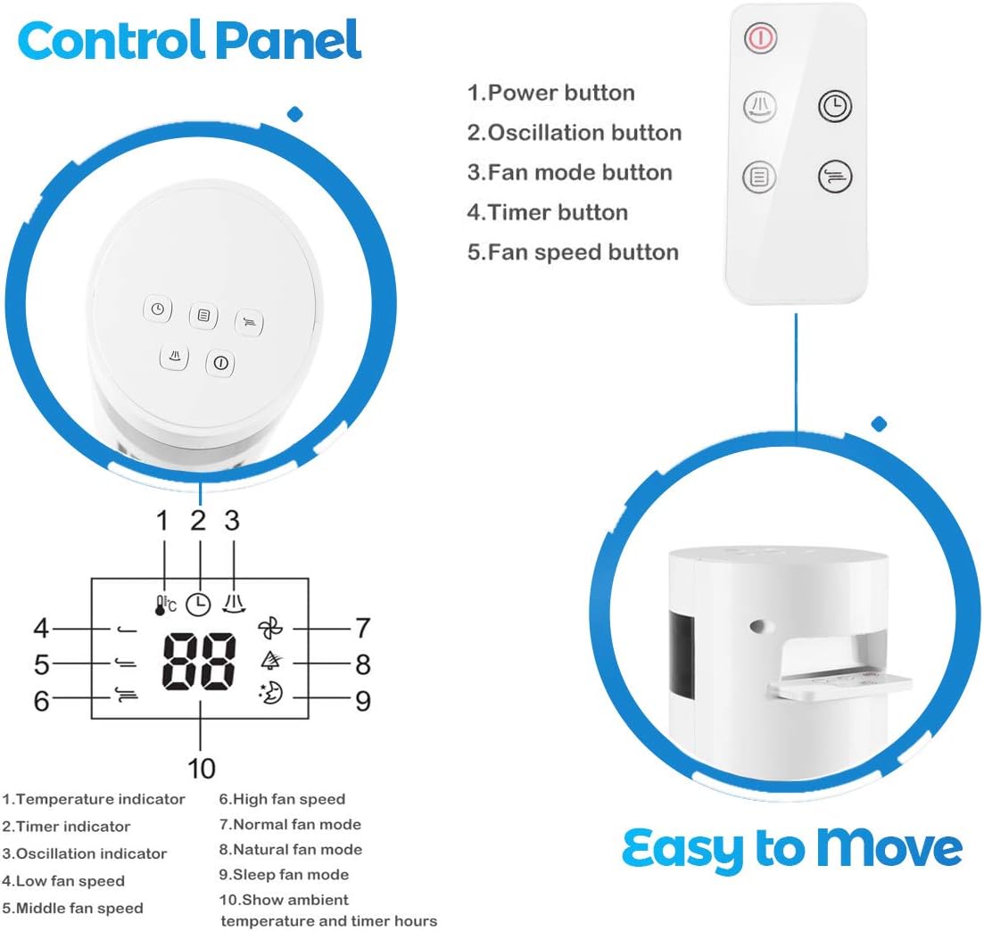 Tower Fan Portable Electric Oscillating Fan Quiet Cooling Remote Control Standing Bladeless Floor Fans 3 Speeds Wind Modes Timer