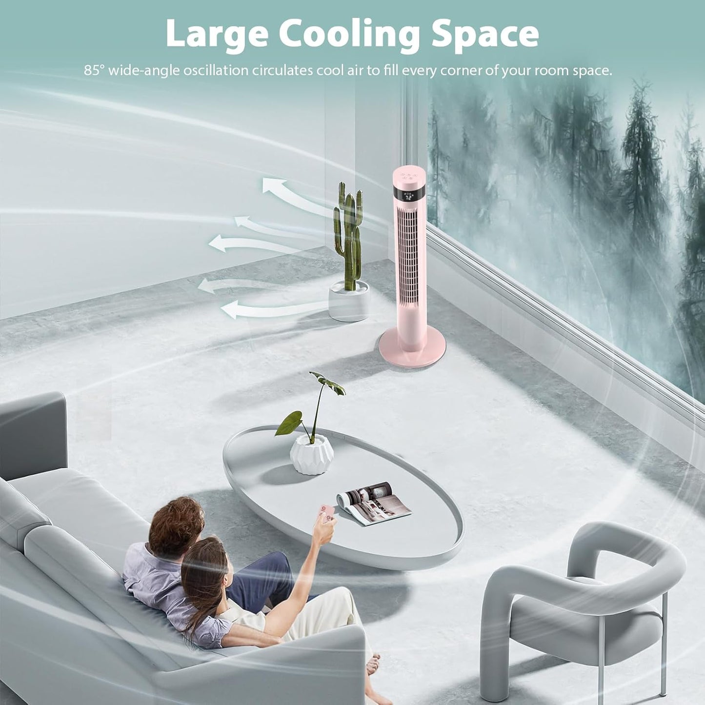 Tower Fan Portable Electric Oscillating Fan Quiet Cooling Remote Control Standing Bladeless Floor Fans 3 Speeds Wind Modes Timer