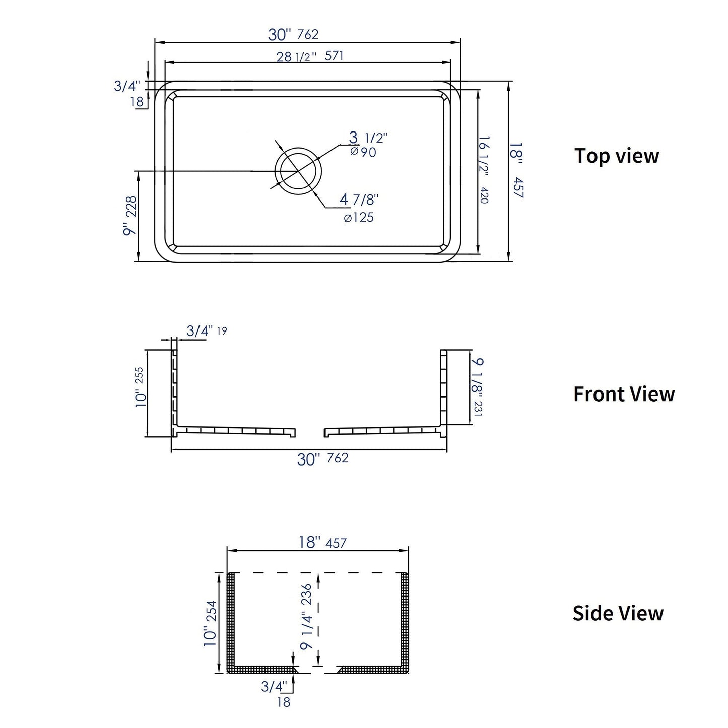 ALFI brand ABF3018 Smooth Apron 30" x 18" Single Bowl Fireclay Farm Sink