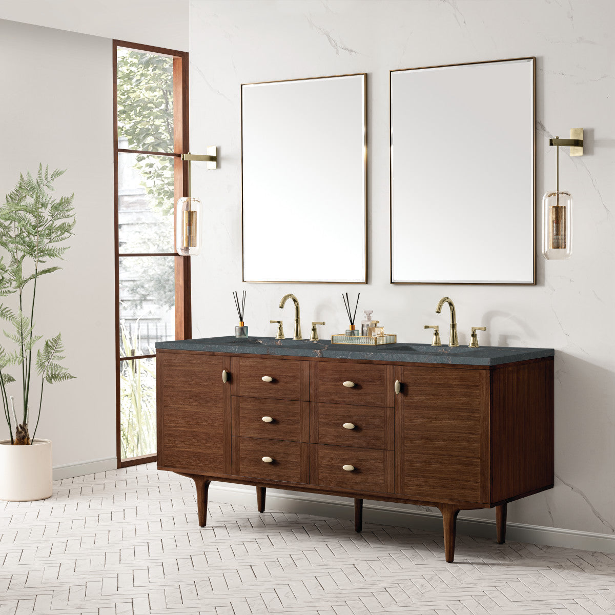 Amberly 72" Double Vanity Cabinet, Mid-Century Walnut