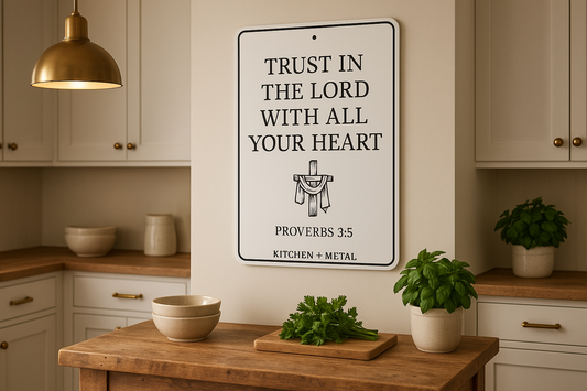 Trust in the Lord Proverbs 3:5 Sign in Kitchen + Metal Kitchen Setting