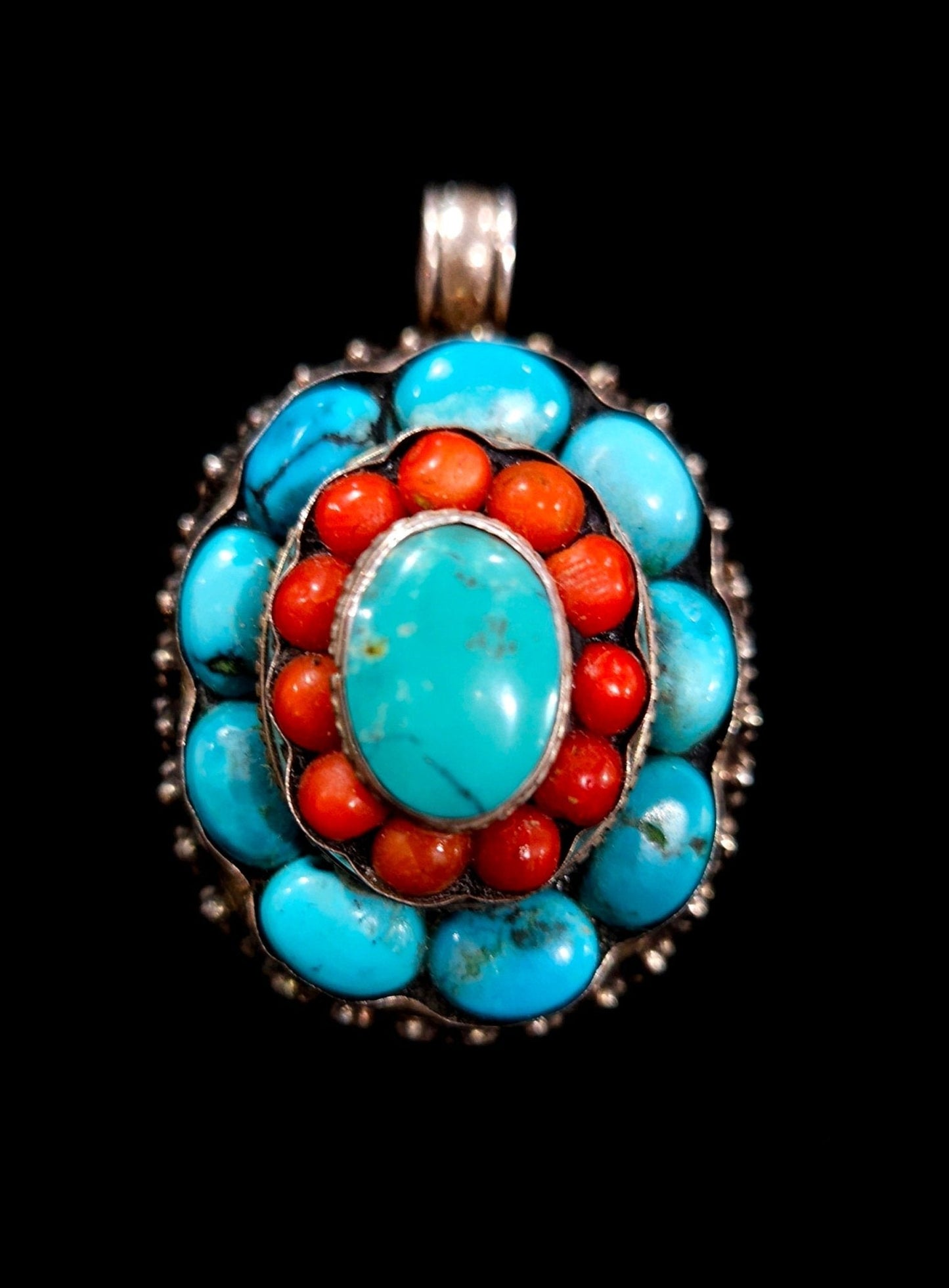 Turquoise & Red Coral Sterling Silver Necklace Pendant- Southwest Design