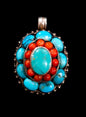 Turquoise & Red Coral Sterling Silver Necklace Pendant- Southwest Design
