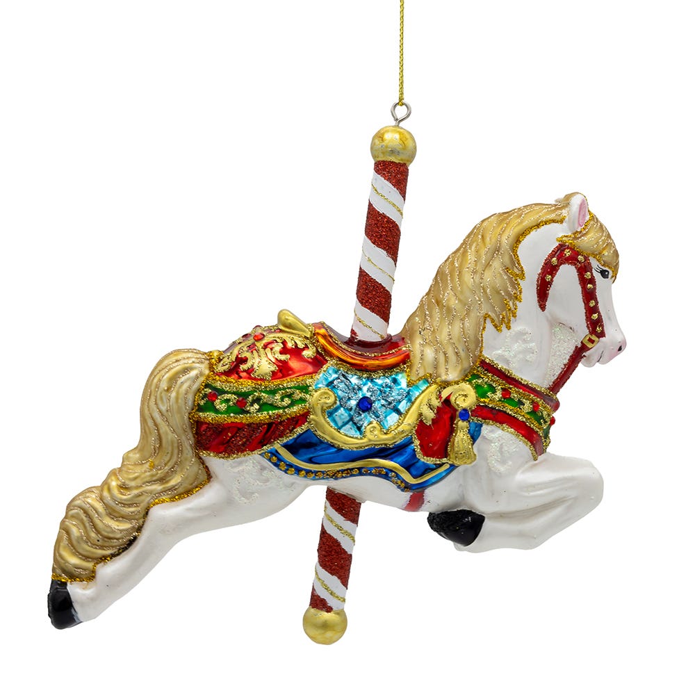 Decorative carousel horse ornament with candy cane on a white background