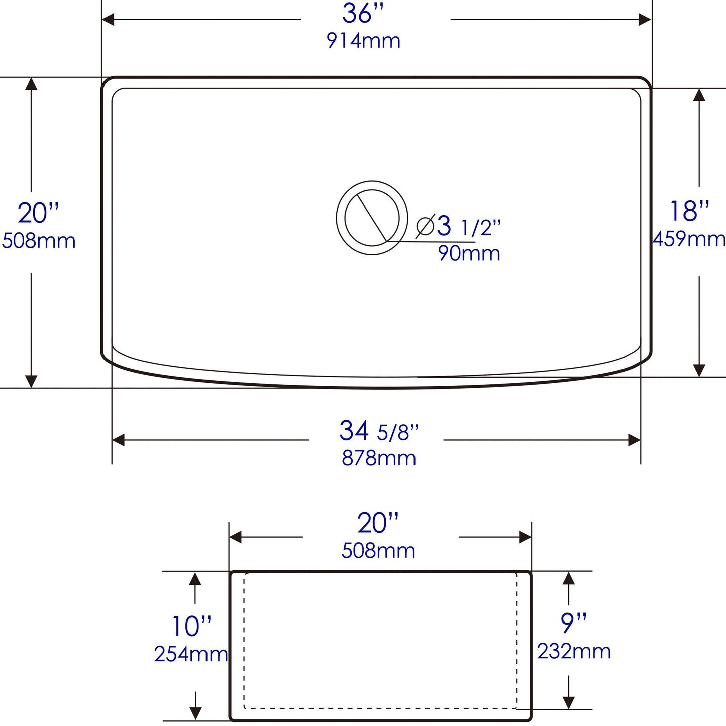ALFI brand ABFC3620S ABFC3620S-W White Smooth Curved Apron 36" x 20" Single Bowl Fireclay Farm Sink with Grid