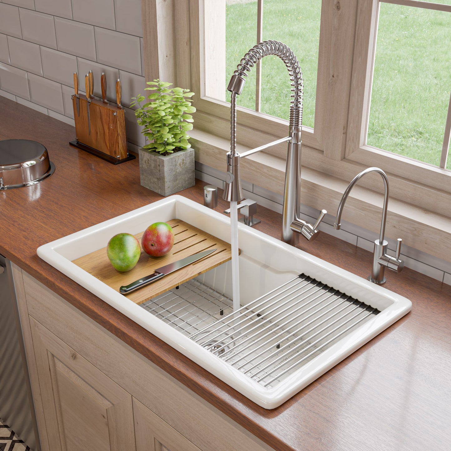 ALFI brand ABFS3219SUD ABFS3219SUD-W  White 32" x 19" Workstation Step Rim Single Bowl Fireclay Undermount / Drop In Kitchen Sink