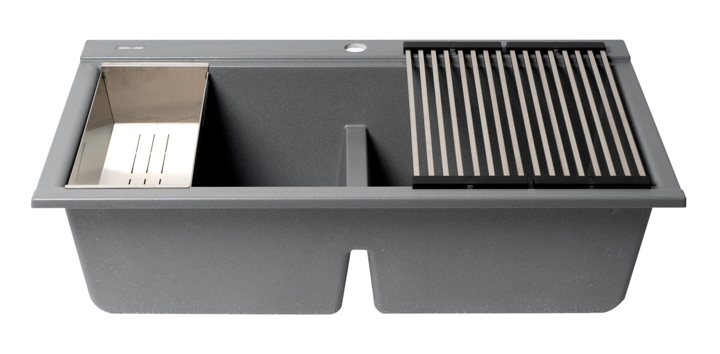 ALFI brand AB3418DBDI 33" Granite Composite Workstation Step Rim Double Bowl Drop In Sink with Accessories