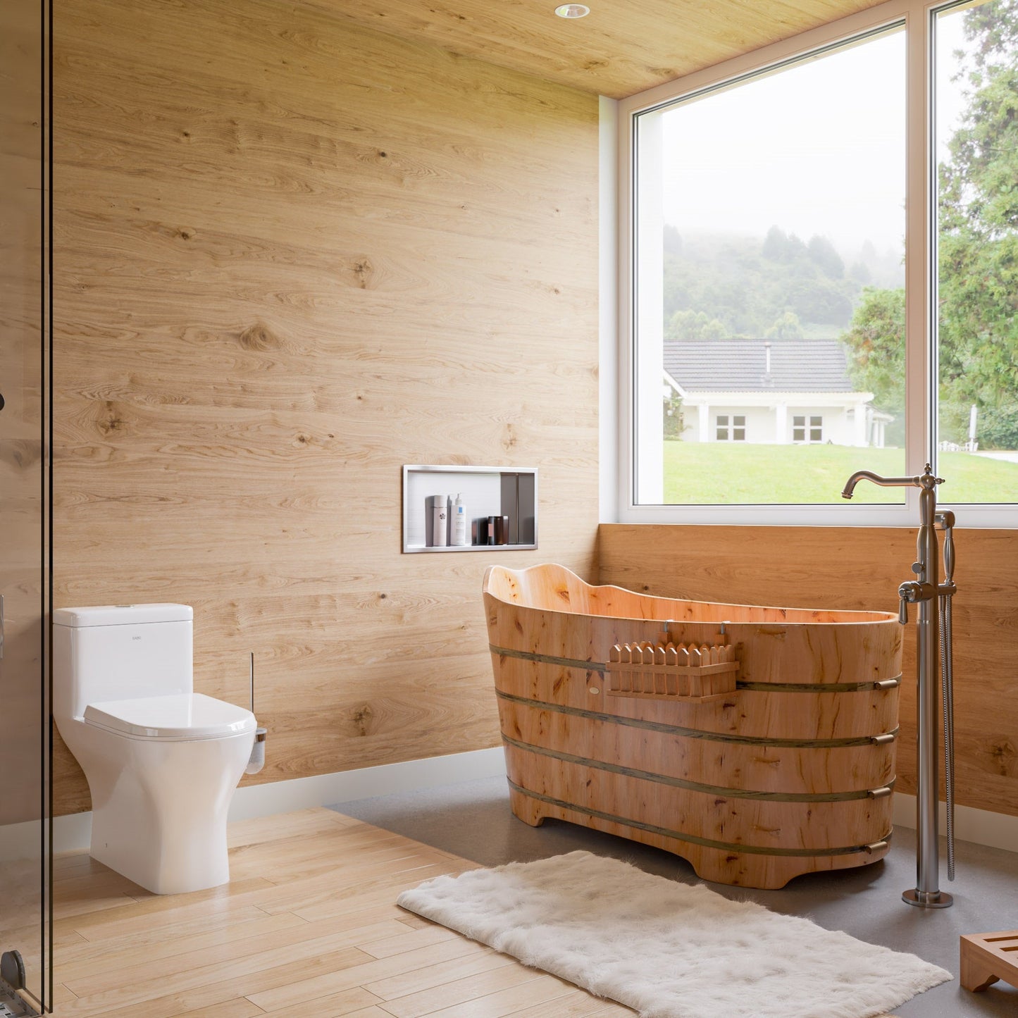 ALFI brand  AB1103 59" Free Standing Cedar Wood Bathtub with Bench