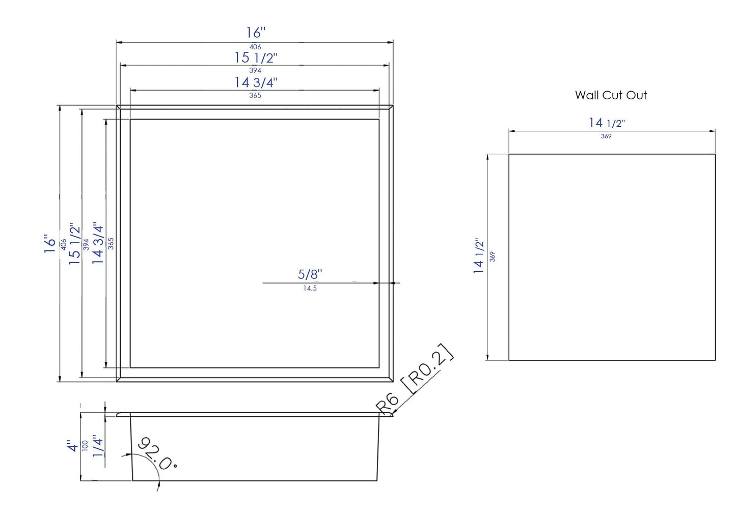 ALFI brand ABNP1616 16" x 16" Steel Square Single Shelf Shower Niche